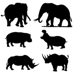 Set with African animals. Silhouette of elephant, rhinoceros and hippopotamus. Digital illustration.	