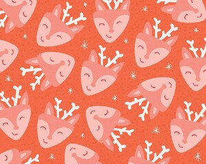 Red Christmas pattern with happy reindeers