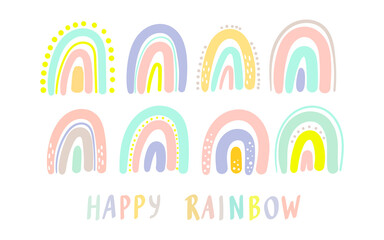 Set of hand drawn cute rainbows print. Rainbow print for baby textiles, fabrics and baby shower cards.