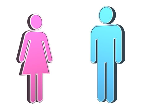Male and female 3D signs isolated in white background. Blue male sign and pink female symbol. 3d rendering illustration 