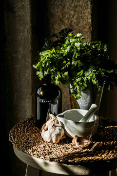 mortar pestle and parsley