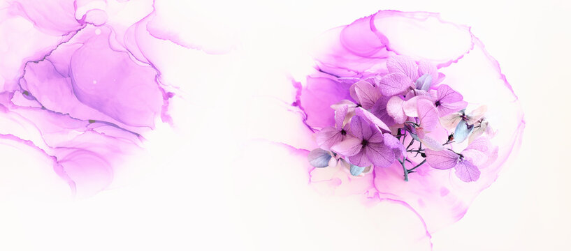 Creative image of pastel violet and pink Hydrangea flowers on artistic ink background. Top view with copy space