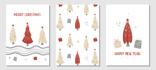 Set of Christmas postcards in Scandinavian style. Fir trees, gift boxes, stars and lines. Winter seamless background. Red and gold. Vector illustration