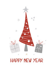 New Year greeting card in Scandinavian style with red fir trees, gift boxes and stars. Christmas concept in red and silver. Vector illustration
