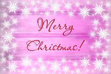 Winter wooden magenta purple mauve nature background with snowflakes around. Texture of painted wood horizontal boards. Merry Christmas card. Congratulation, invitation, party, message for Christmas.