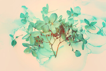 Creative image of emerald and green Hydrangea flowers on artistic ink background. Top view with...