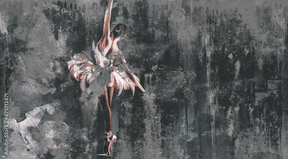 Wall mural textured shabby and cracked wall on which a silhouette of a ballerina with watercolor elements is dr - Wall murals