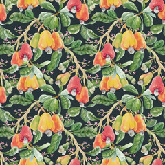 Beautiful vector seamless pattern with watercolor hand drawn branches with colorful cashew nuts small flowers and green leaves. Stock illustration.
