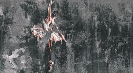 textured shabby and cracked wall on which a silhouette of a ballerina with watercolor elements is drawn, photo wallpaper