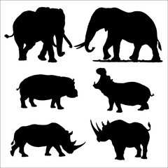 Set with African animals. Silhouette of elephant, rhinoceros and hippopotamus. Vector illustration.