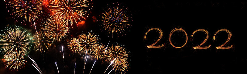 Banner Firework celebrate anniversary happy new year 2022, 4th of july holiday festival. colorful...