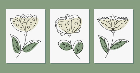 Set of modern trendy posters with flowers and colored spots. Minimalism. Vector illustration in flat style