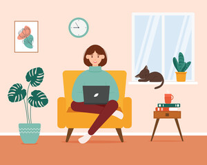 Girl with a laptop sitting in a chair. Cozy interior of the room. Sleeping cat on the window and houseplants. Vector illustration in flat style