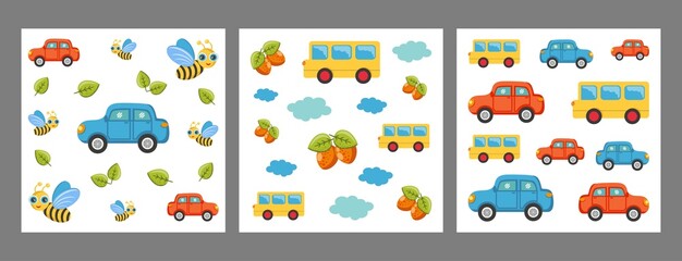 Fototapeta na wymiar Car, bus, bee, apricot, clouds. Set of bright vector backgrounds for kids. Vector illustration. Seamless pattern