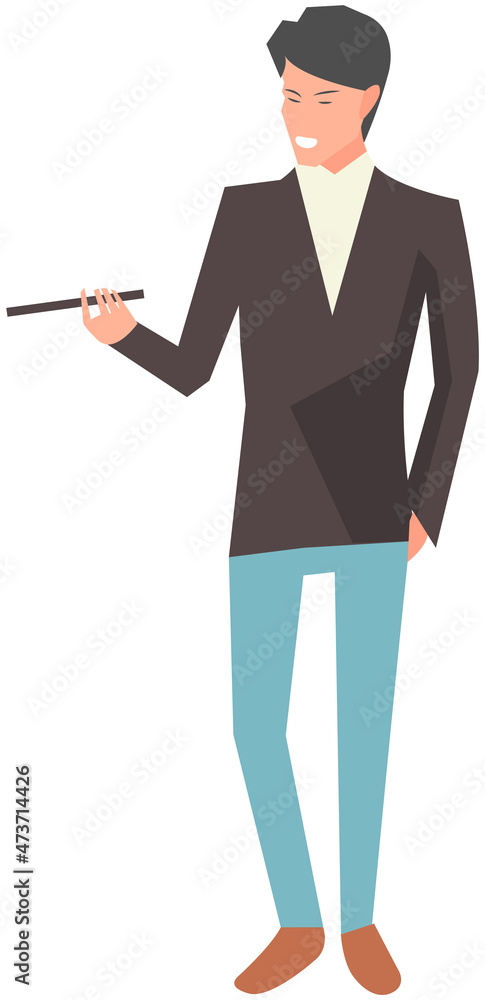 Poster businessman pointing with pointer and showing something. manager at presentation, advertisement, bus