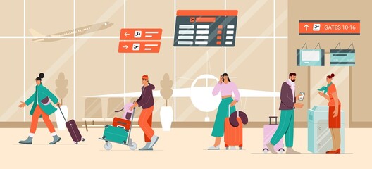 Check in desk at the airport, boarding process, departure table. Travellers with suitcases in airport terminal waiting for registration and flight. Flat vector illustration