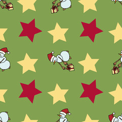 Seamless pattern with snowman with gift and red and yellow stars on green background. Vector image.