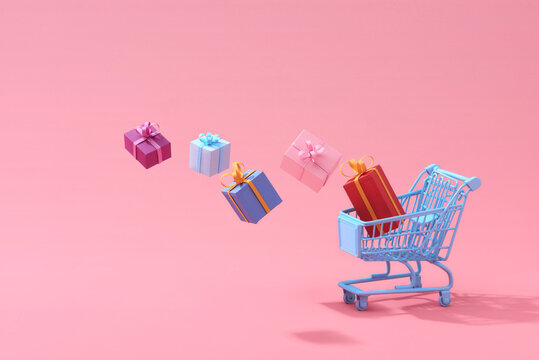 Shopping cart with flying gift box