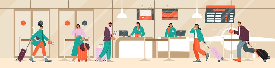 Passengers and travellers standing at the airport in queue in a hurry for check in and boarding at a desk. Vector illustration.