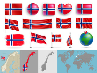Norway flags of various shapes and geographic map set. Norwegian realistic flags, glossy buttons in patriotic colors, highly detailed map and globe with identification pin vector illustration