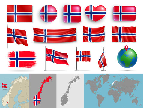Norway flags of various shapes and geographic map set. Norwegian realistic flags, glossy buttons in patriotic colors, highly detailed map and globe with identification pin vector illustration - Powered by Adobe
