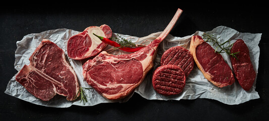 Assorted meat steaks and burger patties on creased paper