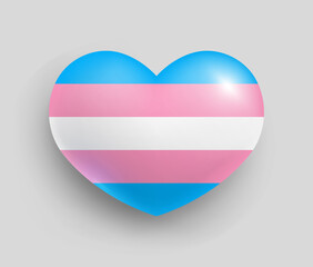 Transgender pride flag of heart shape glossy badge. Lgbt flag, official symbol of trans community realistic vector illustration. Pride, freedom, peace, love, equality 3d button - obrazy, fototapety, plakaty