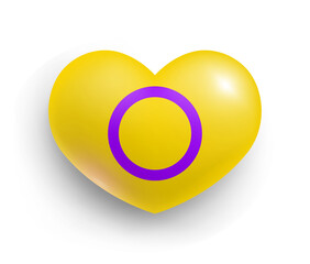 Intersex pride flag of heart shape glossy badge. Lgbtq flag, official symbol of intersex community or movement realistic vector illustration. Tolerance, freedom, rights, equality 3d button