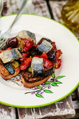 Bruschetta with pepper  and sardines..selective focus