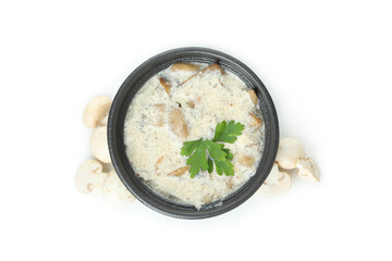 Concept of tasty food with mushroom sauce isolated on white background