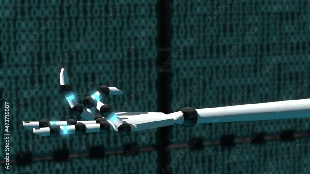 Poster seamless looping 3d animation of a robotic hand presenting the word “blockchain” in 4k resolution