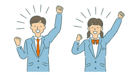 拳をあげる学生のセットイラスト（手描き）