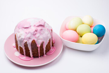 Easter cake and colored eggs. Holiday