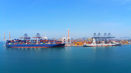 Aerial top view containers ship cargo business commercial trade logistic and transportation of...