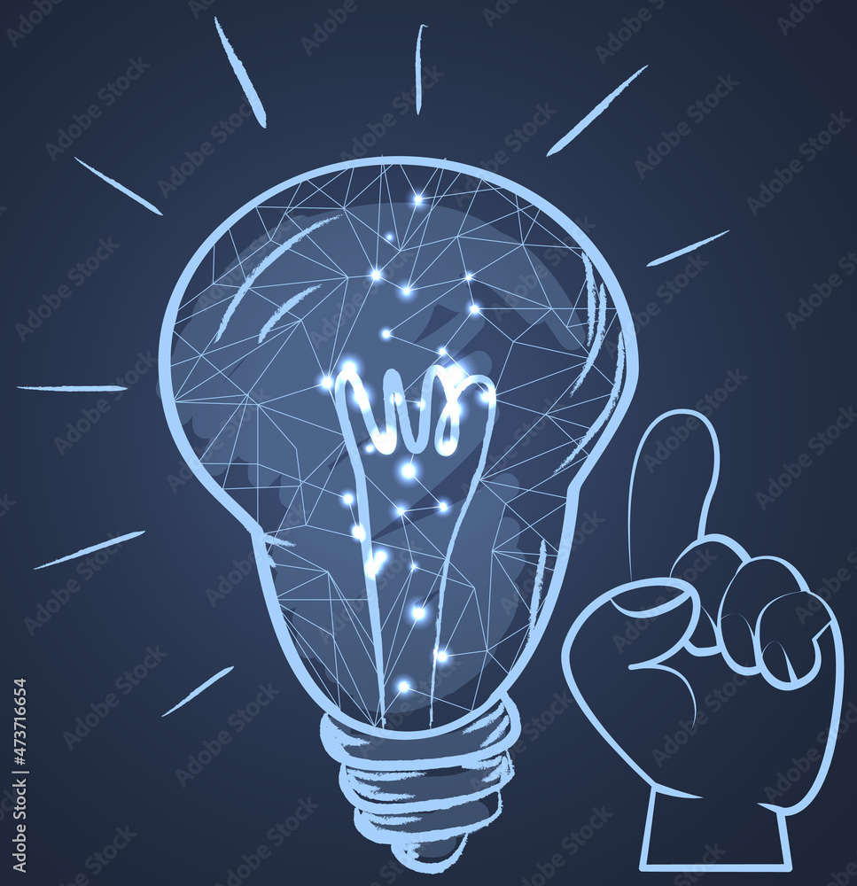 Aufkleber new idea, solution innovative technology concept with attention hand gesture. light bulb monochrome 