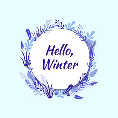 Winter Plants Circle Frame, Retro Style Flat Floral Elements and 3D Circle, Round Shape, Frame Template.