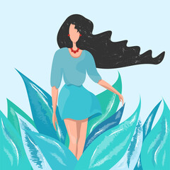 A girl with long black hair, among the leaves, vector illustration.It can be used for beauty salon, spa, cosmetics, web design.
