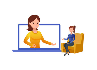 Online Conversation Illustration, 2 Women Talking, Laptop, Online.