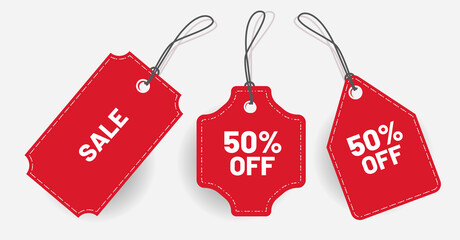 Red discount label 50 Off and sale with various shape - Vector