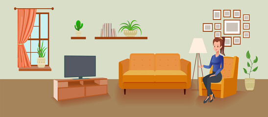 Woman Sitting in the Room, Interior Background, TV set and Sofa, Different Decorations, Home Plants.