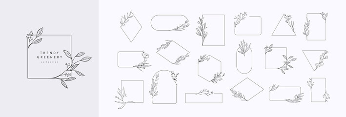 Floral branch and minimalist flowers for logo or tattoo. Hand drawn line wedding herb, elegant leaves for invitation save the date card. Botanical rustic trendy greenery © merfin