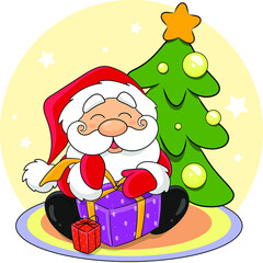 Santa Claus with a white beard in a red hat with a pompom, black boots and a red jacket sits near the Christmas tree and opens gifts. santa claus. Youlupukki. St. Nicholas Merry New Year and Christmas