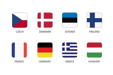 Set of square flag in Europe countries isolated on white background. Set of Czech, Denmark, Estonia, Finland, France, Germany, Greece and Hungary.
