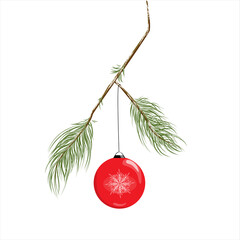 Green vector fir tree branch with a red Christmas ball, isolated on a white background.Christmas decoration, postcard, banner.