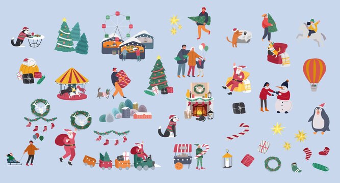 Set of Christmas and New Year holiday elements for cards. Animator in christmas costume, Santa claus and family. Christmas winter fair. Cartoon vector