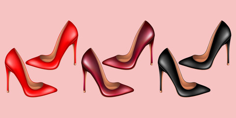 Red and black high-heeled shoes. Isolated vector illustration.