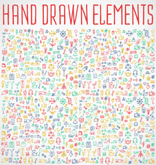 Hand drawn icons and elements pattern. Digital illustration