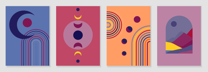 Set of abstract contemporary posters with sun moon and landscape in boho style. Mid century minimalist background for home decoration, wall decor or covers. Vector © merfin