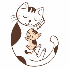 Cute white spotted cat kitten sleeping cuddling cartoon character cut out vector illustration