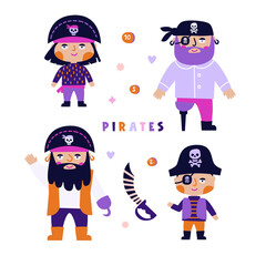 Vector illustration of 4 pirates. Pirate hat, eye patch. Pink and purple color. Poster, for printing on textiles, for wall design. Hand-drawn style